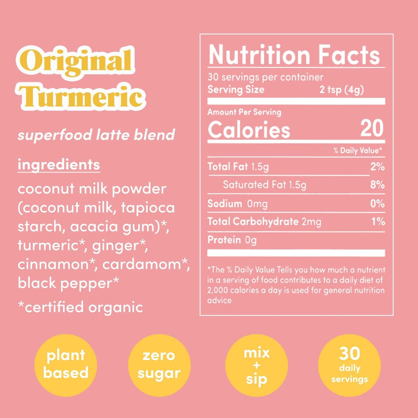 Original Turmeric Superfood Latte Blend with Coconut and Ginger - Vegan Keto Sugar-Free - Supports Skin Glow Gut Health Immunity - 30 Servings