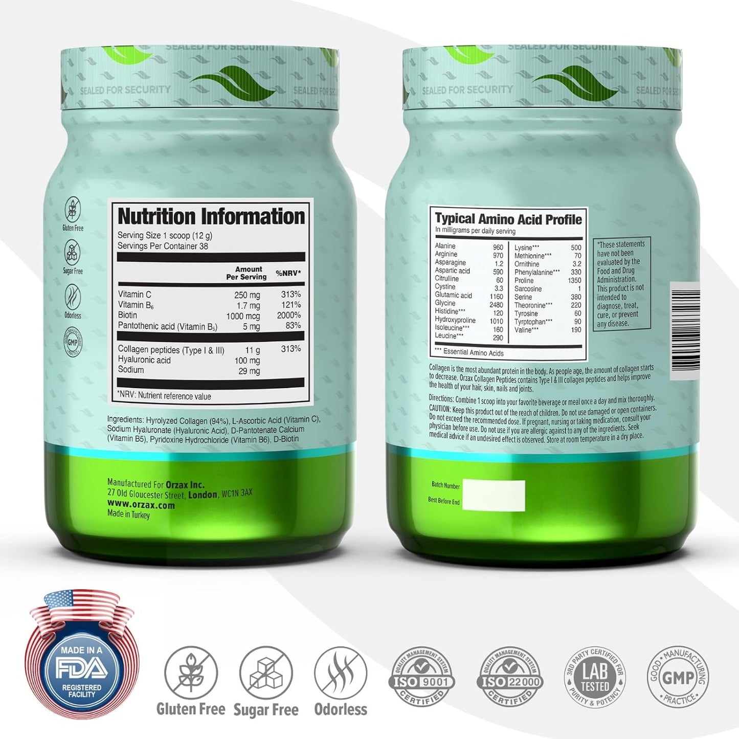 ORZAX Collagen Peptides Powder - 11g Type I & III Collagen with Biotin & Hyaluronic Acid - 16 oz Unflavored Powder