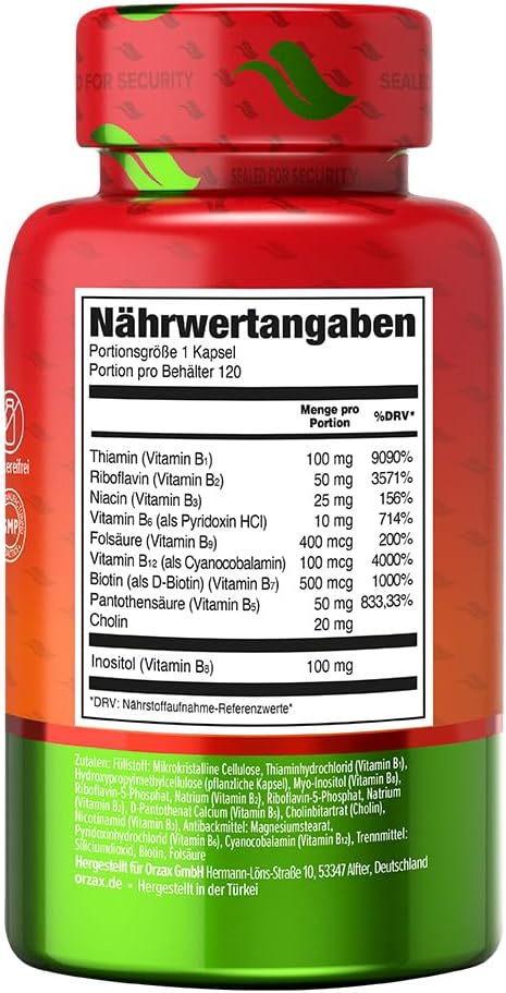 ORZAX Vitamin B Complex with Choline & Inositol - Energy & Immune Support for Women & Men - 120 Veg Capsules