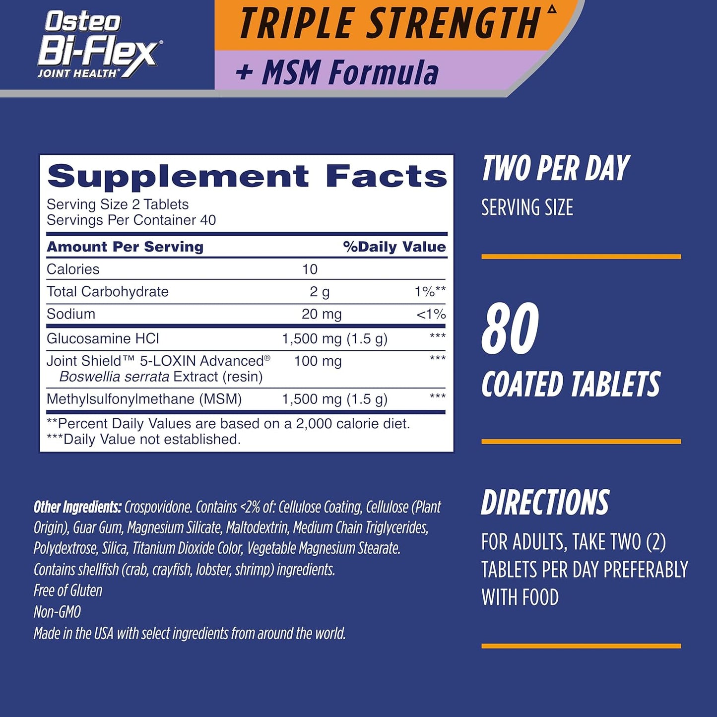 Osteo Bi-Flex Triple Strength Joint Health Supplement with MSM and Glucosamine, 80 Coated Tablets x 2 Pack