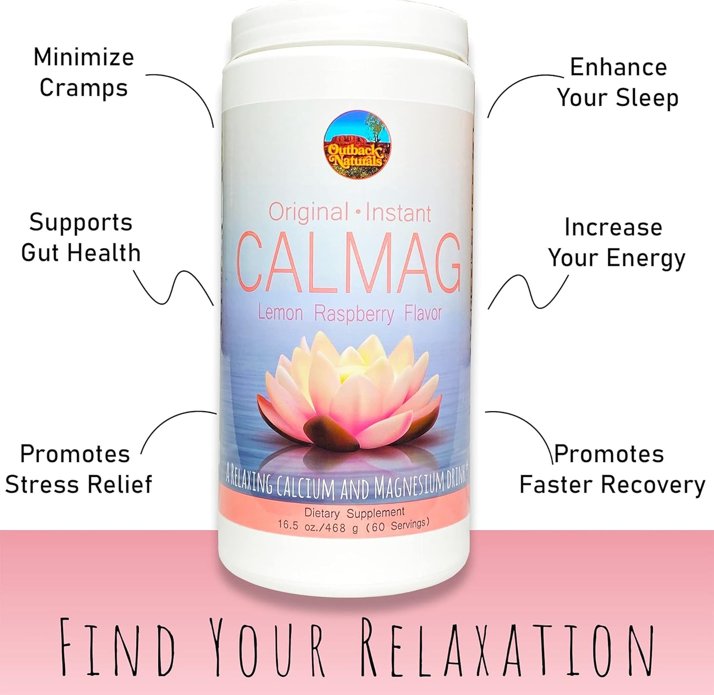 Outback Naturals CalMag 2:1 Lemon Raspberry Powder - High Absorption Calcium Magnesium Citrate Supplement for Bone Health, Stress Relief, and Sleep - 16.5oz