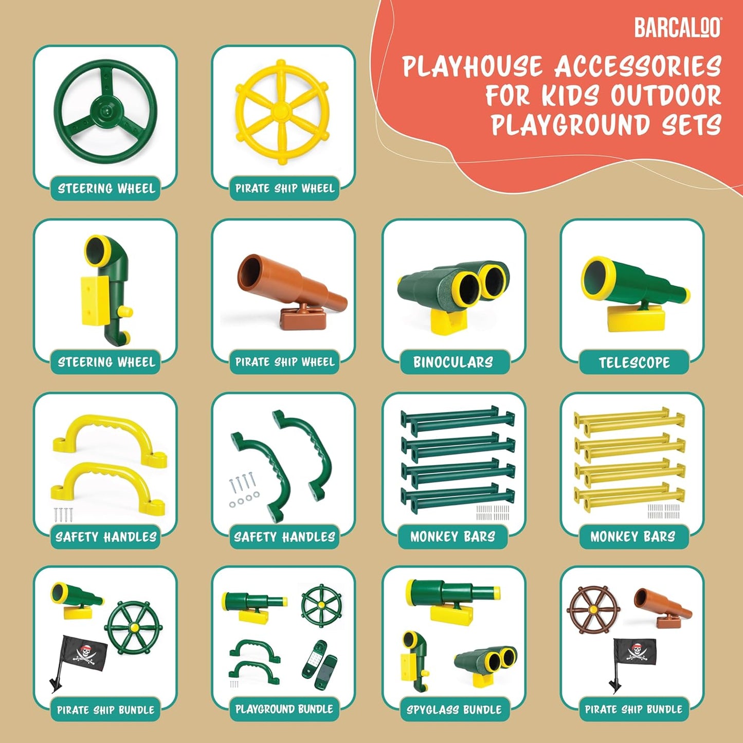 Outdoor Playhouse Toy Steering Wheel for Kids - Barcaloo Plastic Pirate Ship Wheel for Swing Set or Jungle Gym Accessories