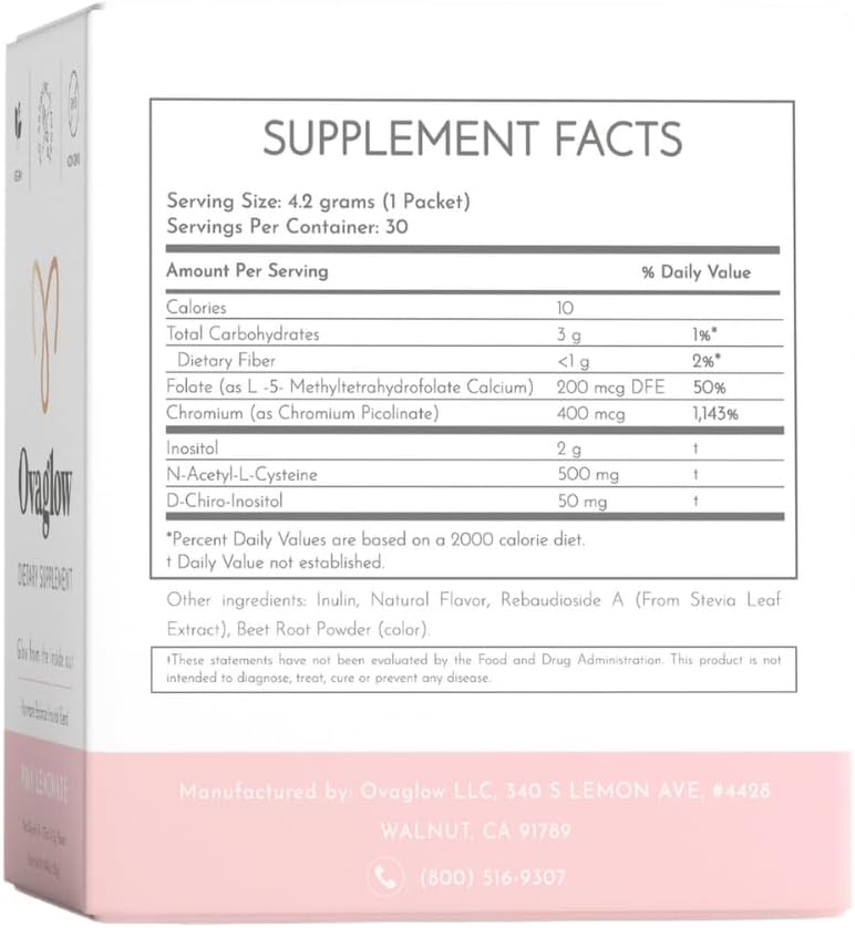 Ovaglow Powder Packets with Myo Inositol, D-Chiro Inositol, Chromium, and Folate for Ovarian Health