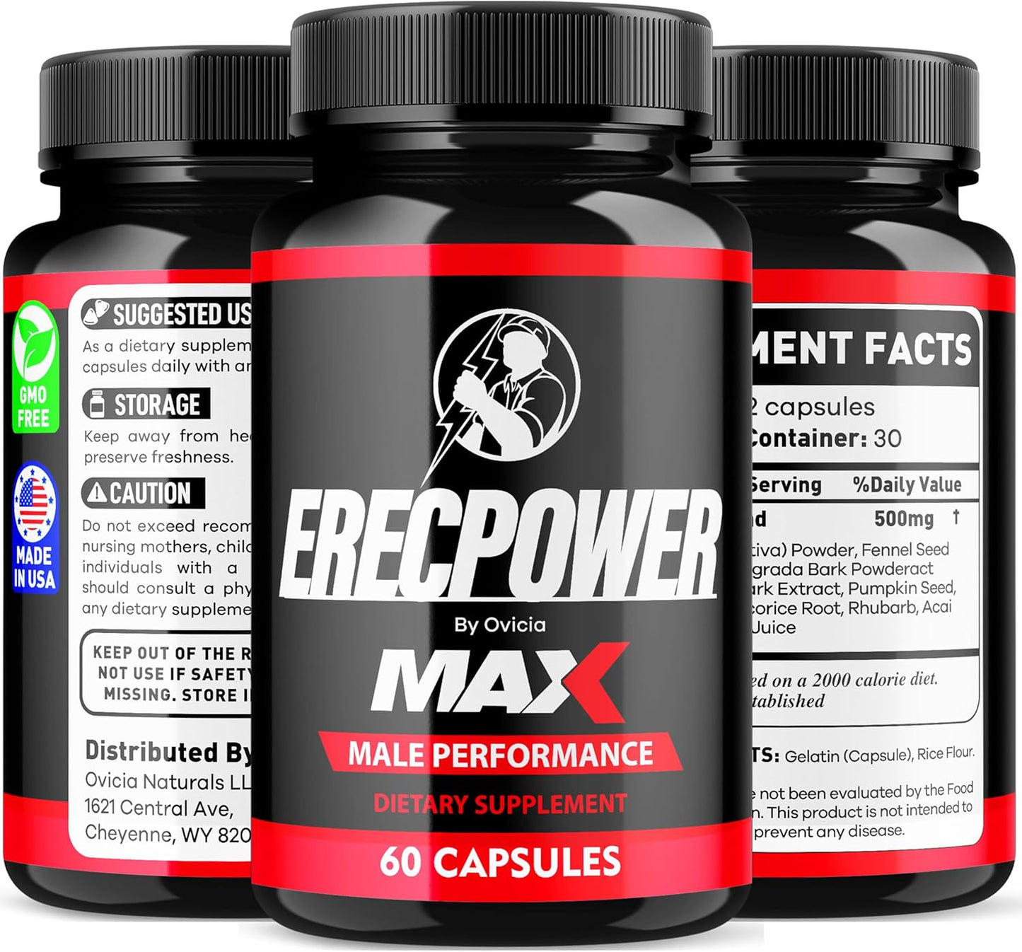 OVICIA Erecpower for Men Max (3 Pack) - Advanced Supplement for 3 Months