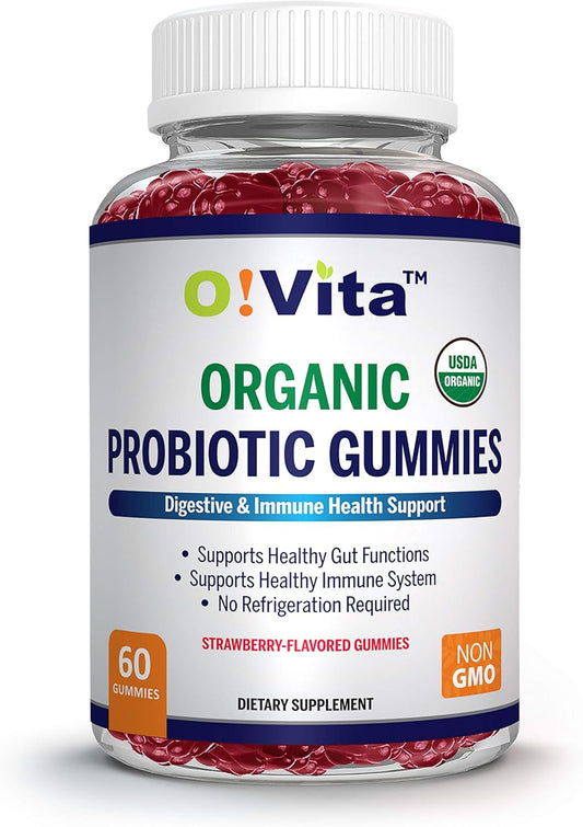 O!VITA Organic Probiotic Gummies - Strawberry Flavored, 5 Billion CFU, Immune & Gut Health, Max Strength - 60 Non-GMO Gummies for Men, Women, Kids