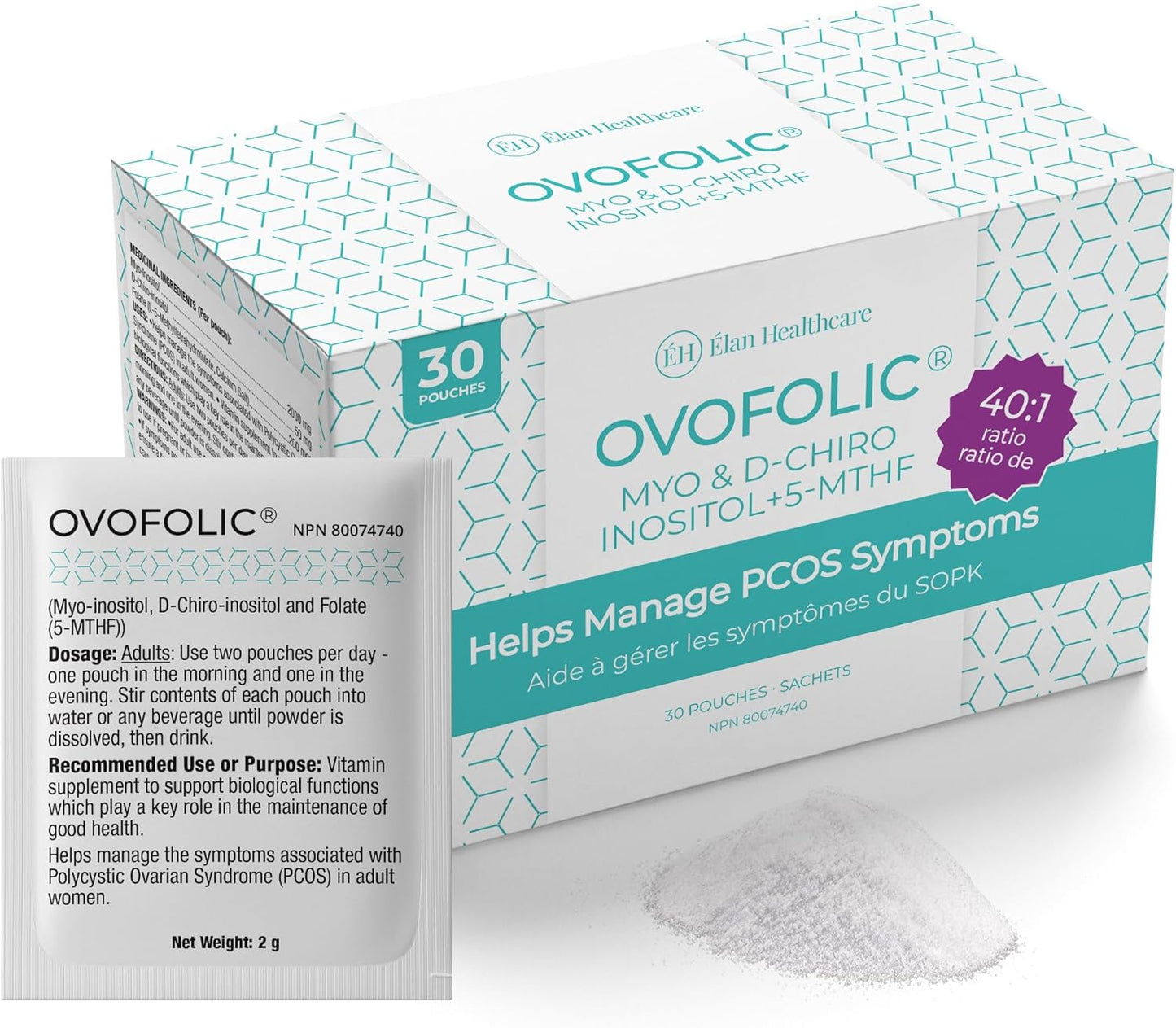 Ovofolic Inositol Supplement with Myo-Inositol, D-Chiro Inositol, and Active Folate - 30 Sachets