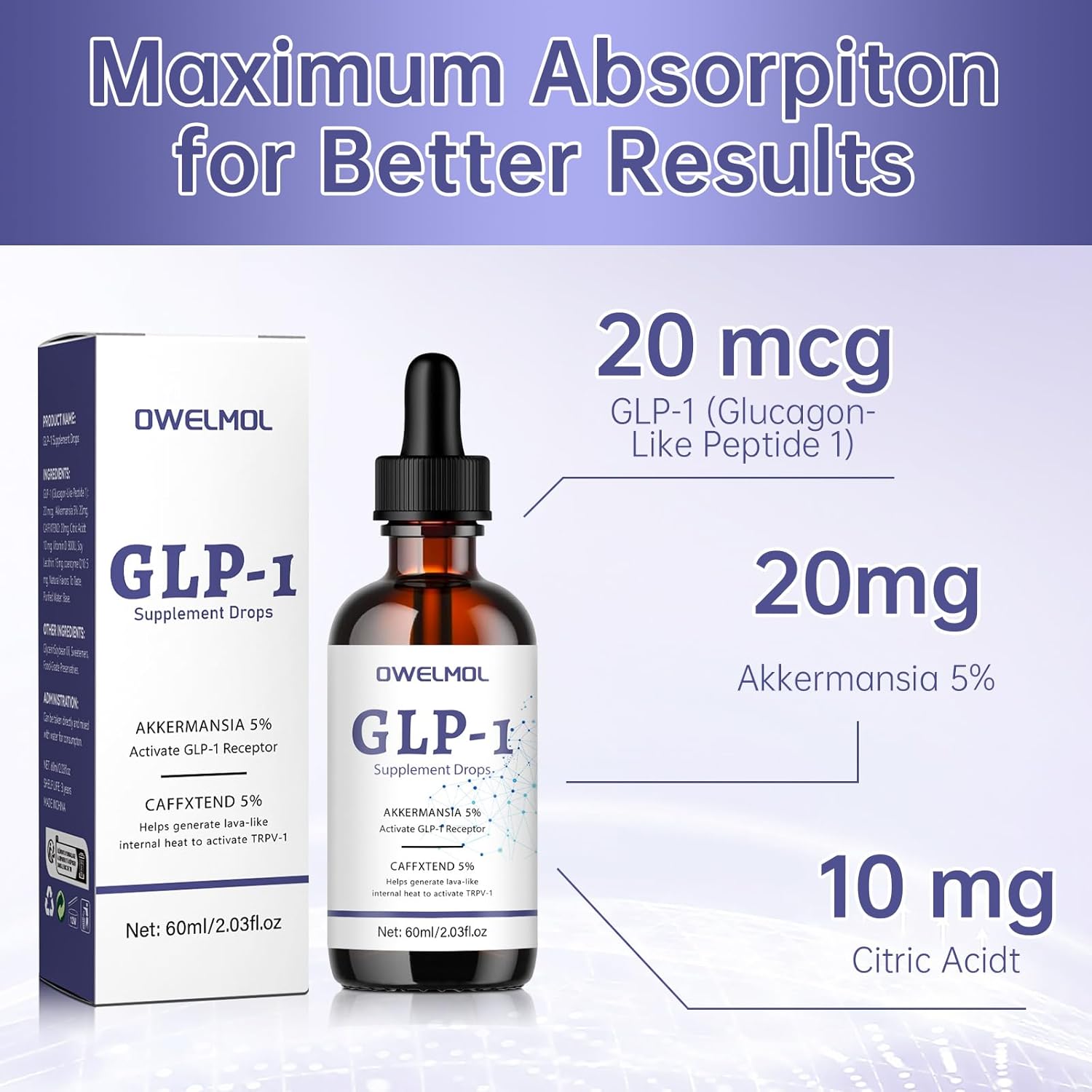 OWELMOL GLP-1 Supplement Drops - 2 Fl Oz for Men and Women - 554 Formula