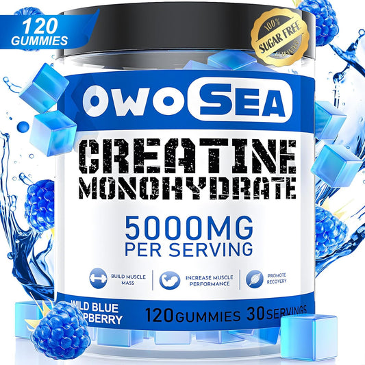 OWOSEA Creatine Monohydrate Gummies - 5000mg per Serving - Muscle Support & Energy Boost - 120 Count Chewable - Sugar Free Vegan - Blue Raspberry Flavor