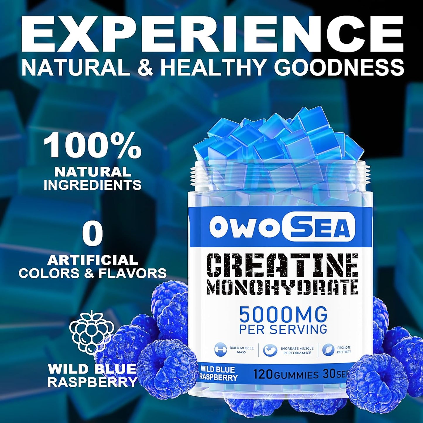 OWOSEA Creatine Monohydrate Gummies - 5000mg per Serving - Muscle Support & Energy Boost - 120 Count Chewable - Sugar Free Vegan - Blue Raspberry Flavor