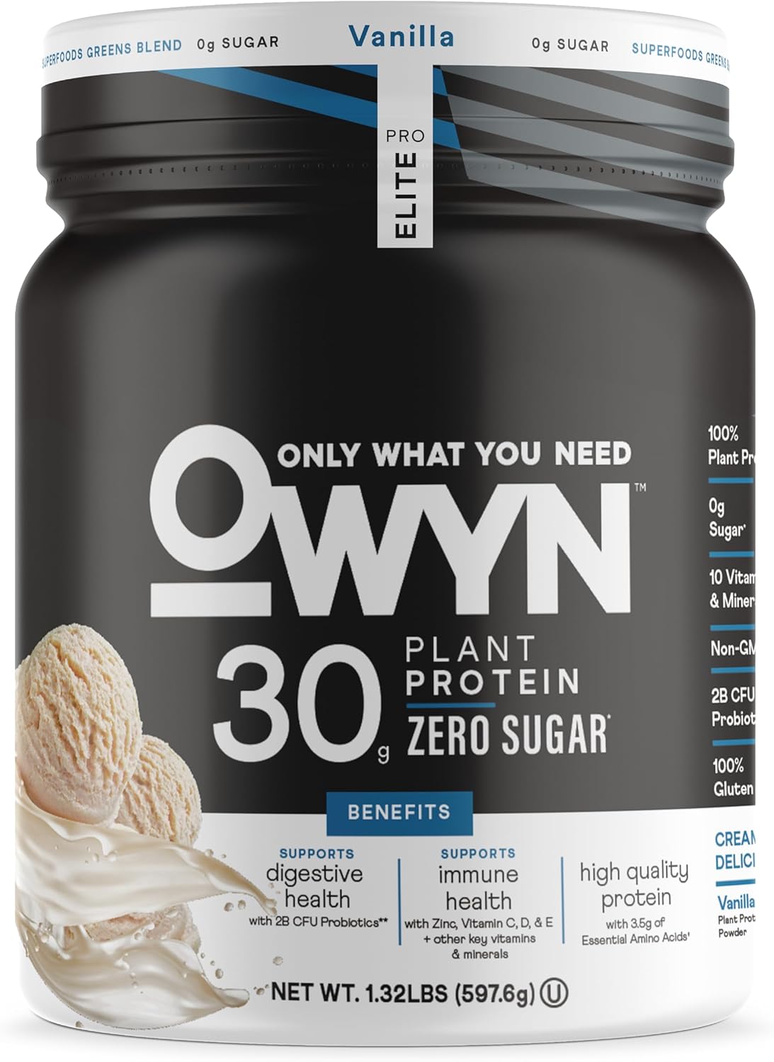 OWYN Pro Elite High Protein Powder - 30g Vegan Protein for Recovery, Delicious Vanilla Taste, Zero Sugar, Low Net Carbs - 12 Servings