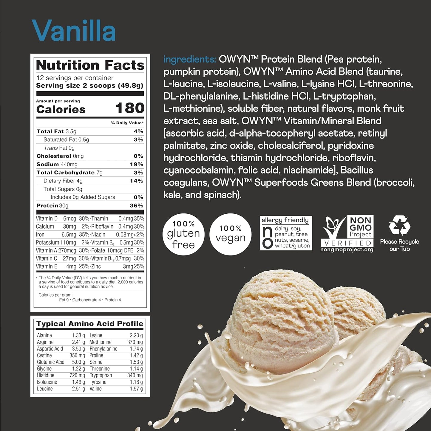 OWYN Pro Elite High Protein Powder - 30g Vegan Protein for Recovery, Delicious Vanilla Taste, Zero Sugar, Low Net Carbs - 12 Servings