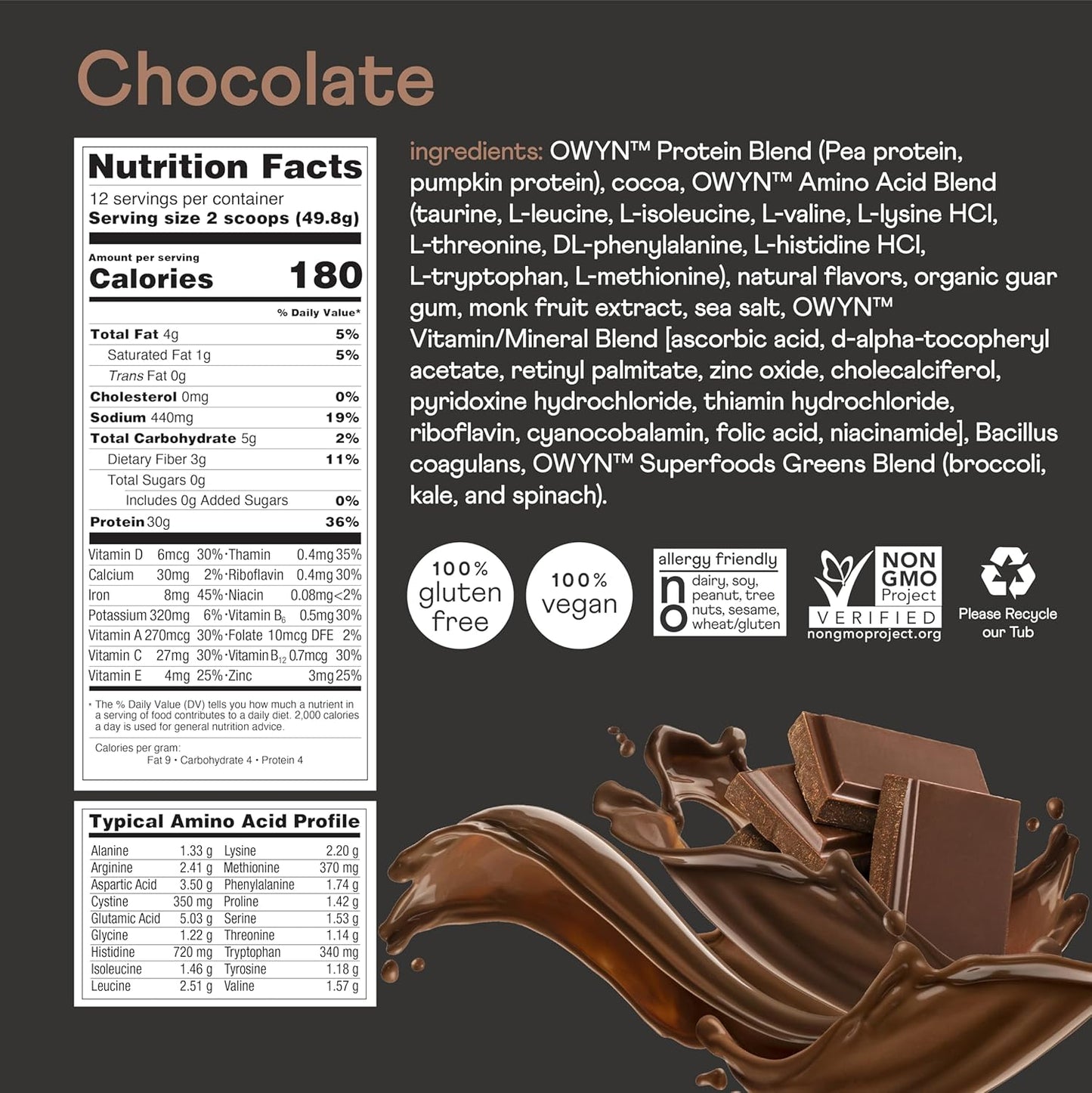 OWYN Pro Elite High Protein Powder - 30g Vegan Protein for Workout Recovery - Delicious Chocolate Flavor - Zero Sugar - Low Net Carbs - 12 Servings (1.32 LB)