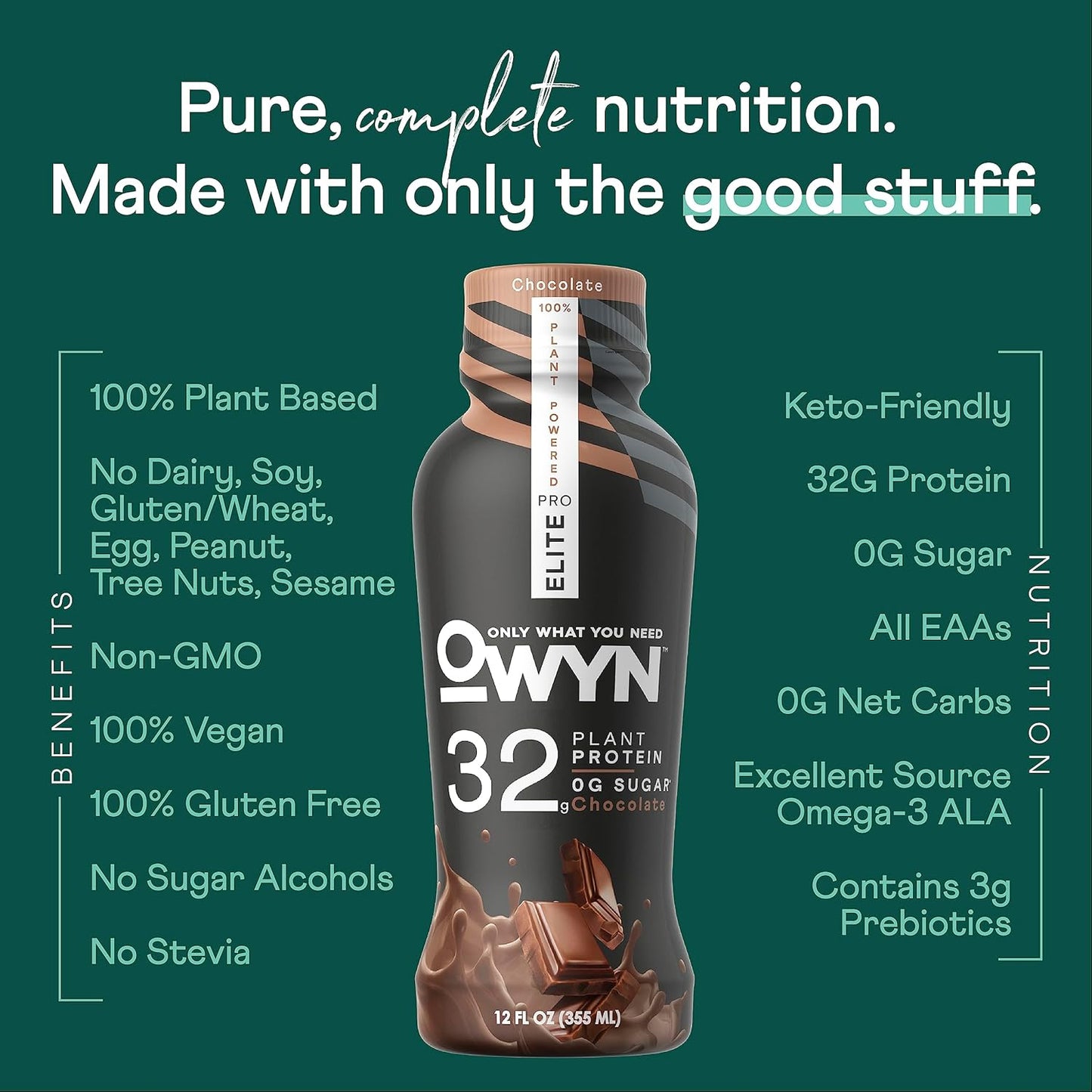 OWYN Pro Elite Vegan High Protein Keto Shake - 32g Protein, 9 Amino Acids, Omega-3, Prebiotics, Superfoods Greens - Workout Recovery, 0g Net Carbs, Zero Sugar, Chocolate - 12 Fl Oz (Pack of 12)