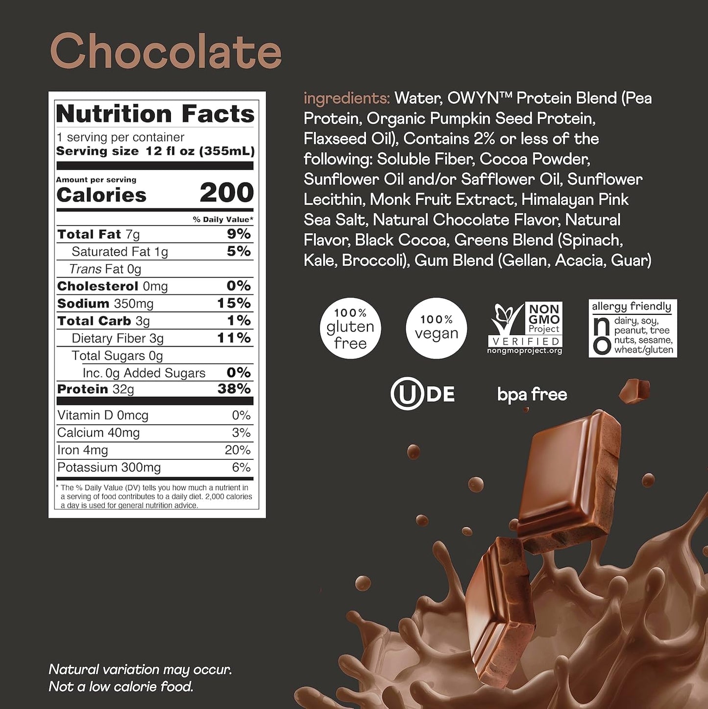 OWYN Pro Elite Vegan High Protein Keto Shake - 32g Protein, 9 Amino Acids, Omega-3, Prebiotics, Superfoods Greens - Workout Recovery, 0g Net Carbs, Zero Sugar, Chocolate - 12 Fl Oz (Pack of 12)