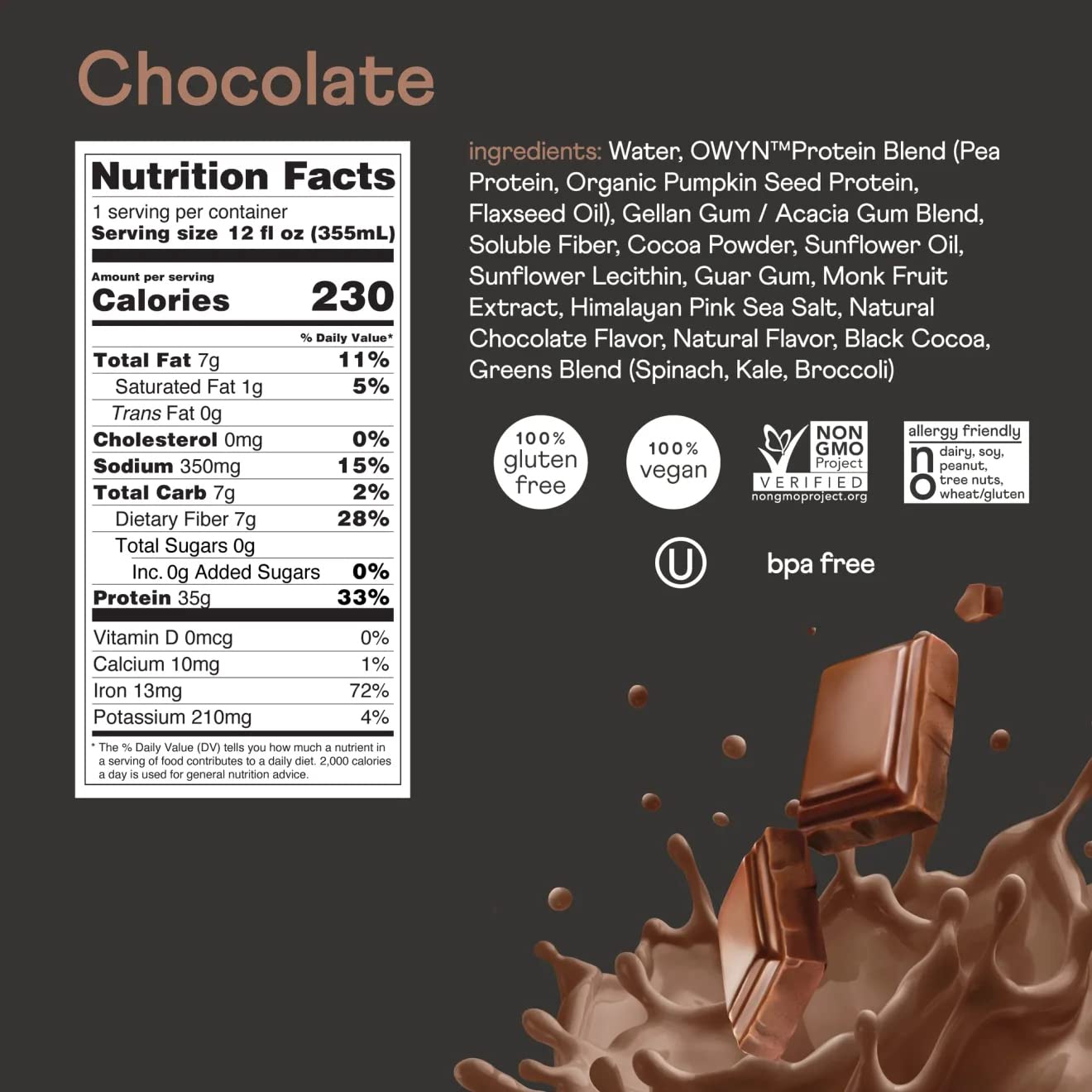 OWYN Pro Elite Vegan Keto Shake - 32g Protein, 9 Amino Acids, Omega-3, Prebiotics, Superfoods Greens - Chocolate, 0g Net Carbs, Zero Sugar - 12 Fl Oz (Pack of 36)