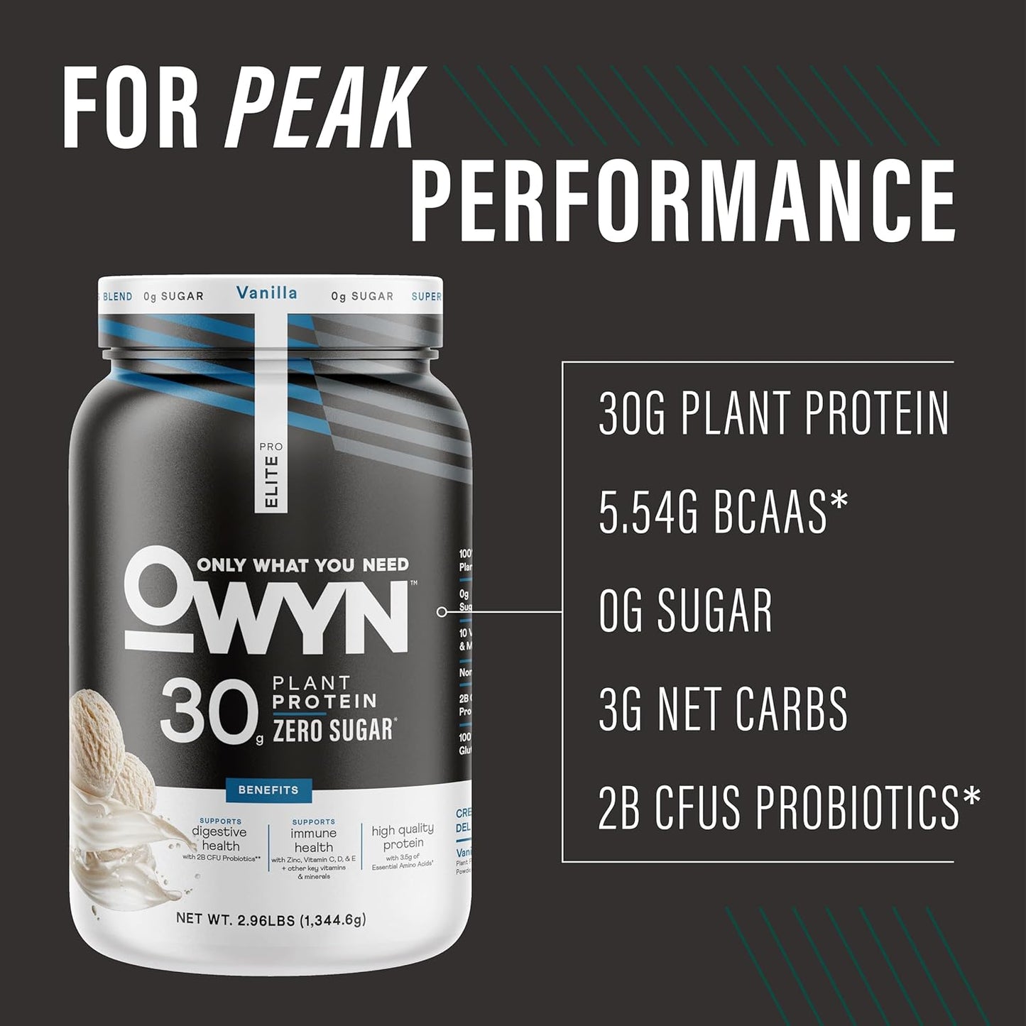 OWYN Pro Elite Vegan Plant-Based Protein Powder, Vanilla Flavor, 30g Protein, Zero Sugar, 2.9 lbs