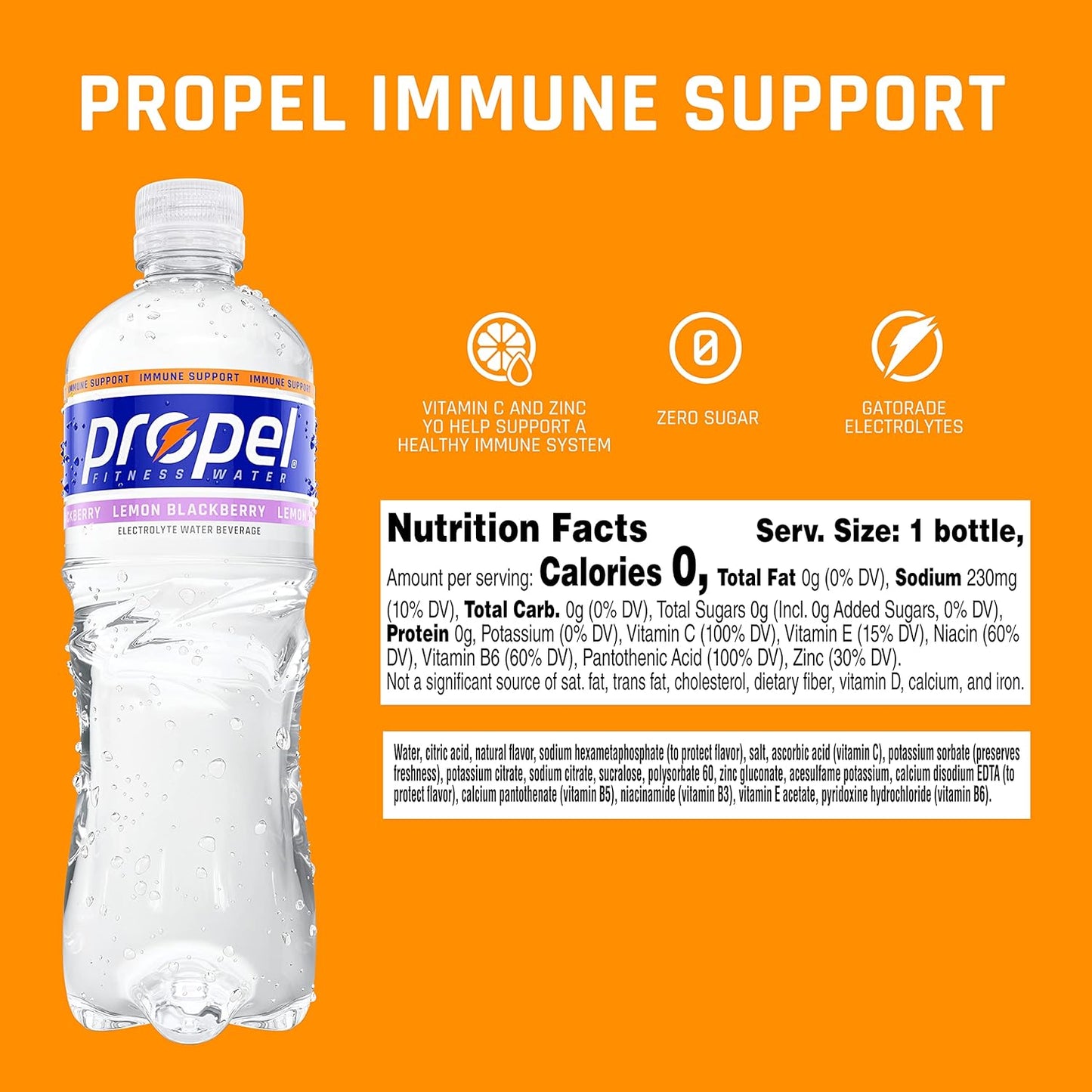 Pack of 12 Propel Immune Support Lemon Blackberry 16.9 Fl Oz Bottles for Hydration and Immune Boosting