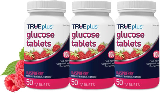 Pack of 150 TRUEplus® Raspberry Flavored Glucose Tablets - 50 Count Bottle - Bulk Savings