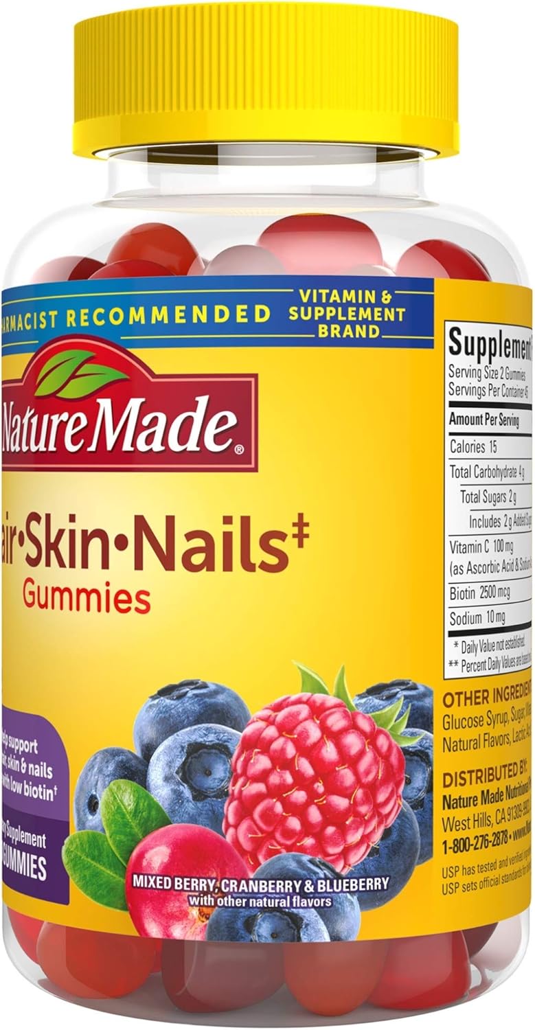 Pack of 180 Nature Made Hair Skin and Nails Gummies with Biotin 2500 mcg for Healthy Hair, Skin & Nails Support