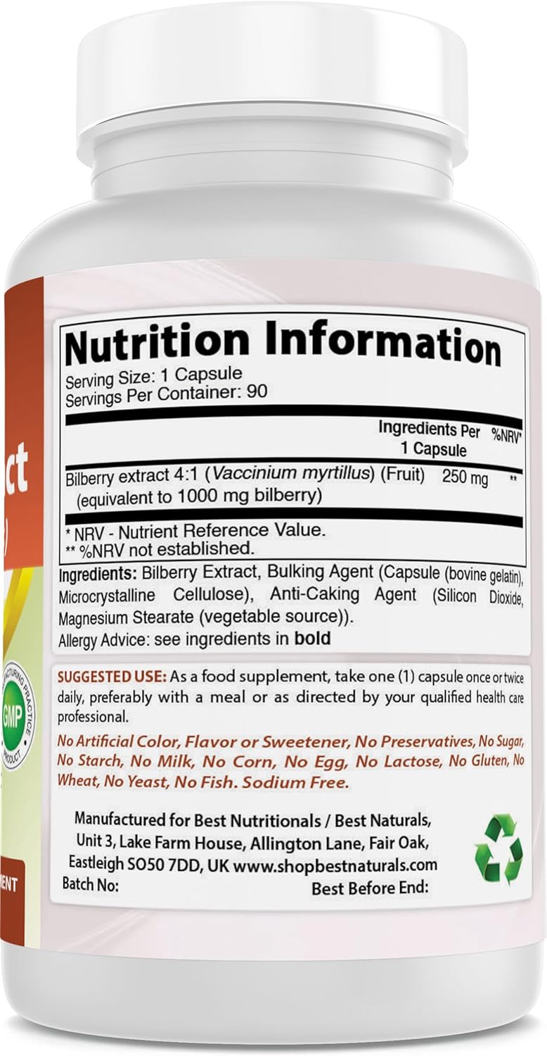 Pack of 2 Best Naturals Bilberry 1000 Mg Capsules - 90 Count Per Bottle - Total of 180 Capsules