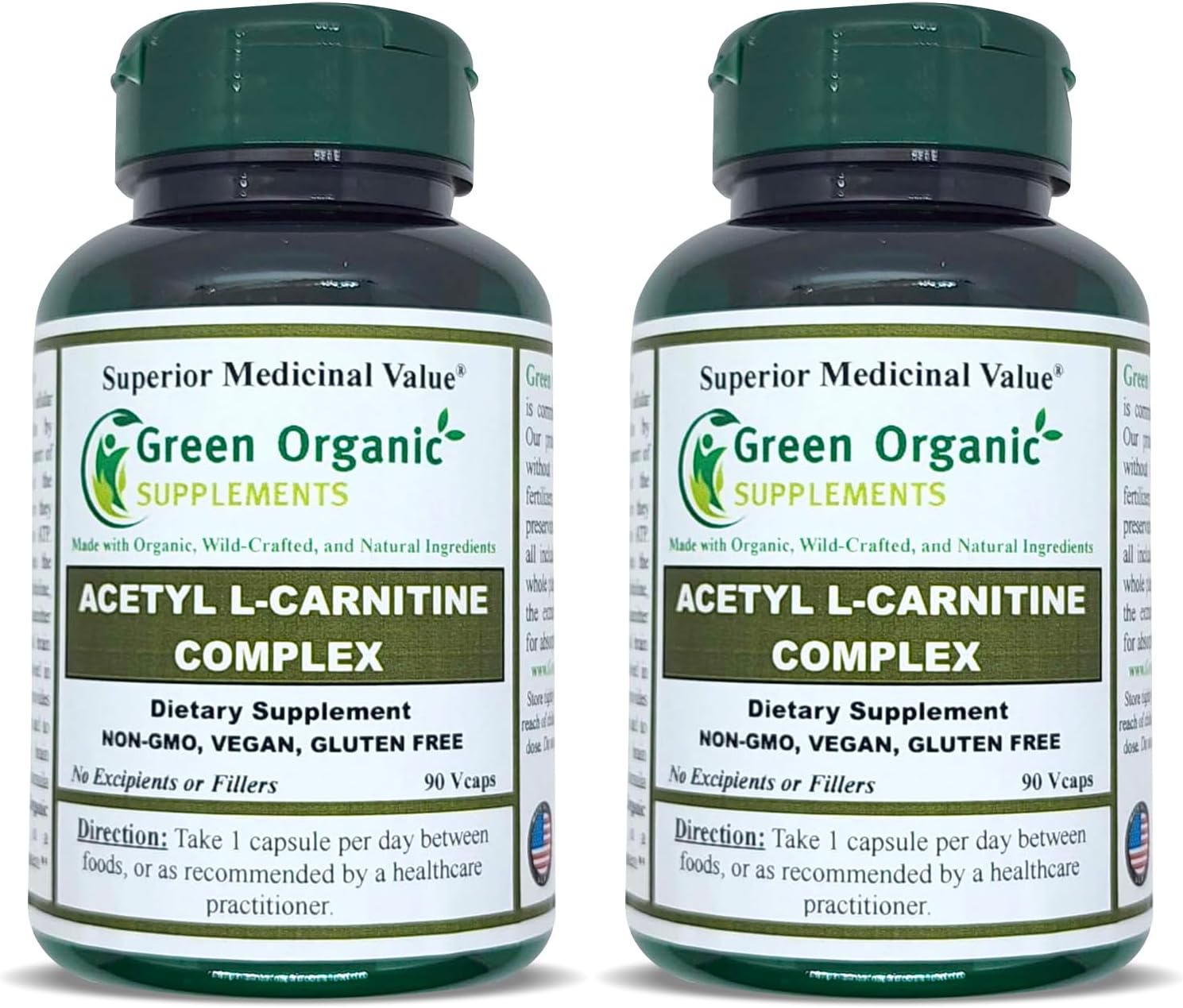 Pack of 2 Green Organic High Absorbable Acetyl L-Carnitine Supplements - Non-GMO & Gluten-Free