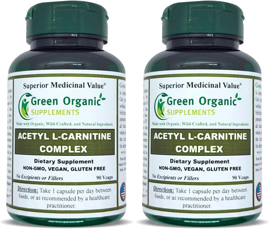 Pack of 2 Green Organic High Absorbable Acetyl L-Carnitine Supplements - Non-GMO & Gluten-Free