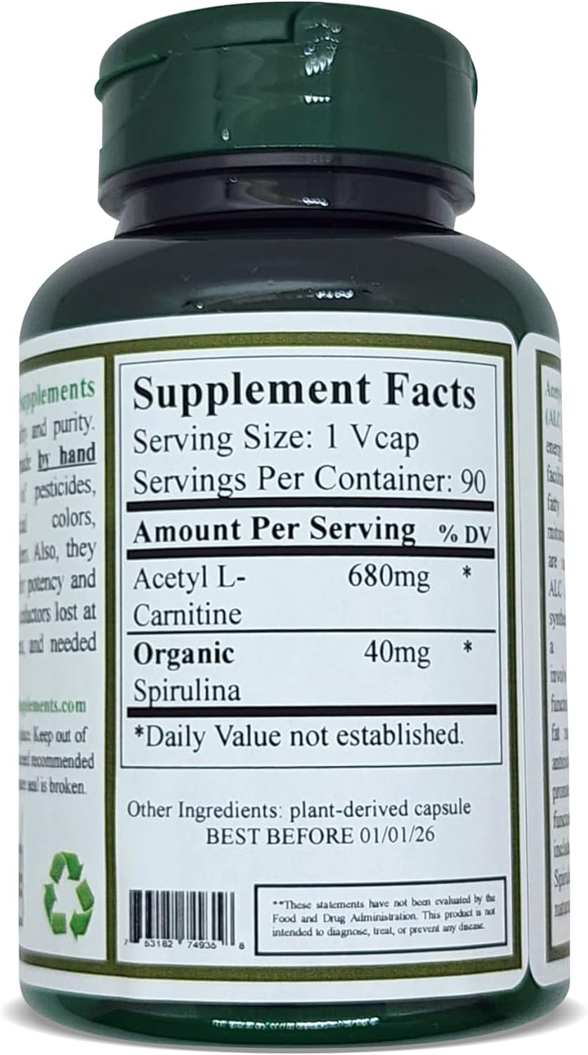 Pack of 2 Green Organic High Absorbable Acetyl L-Carnitine Supplements - Non-GMO & Gluten-Free
