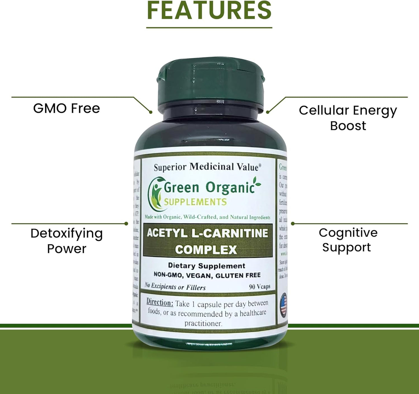 Pack of 2 Green Organic High Absorbable Acetyl L-Carnitine Supplements - Non-GMO & Gluten-Free