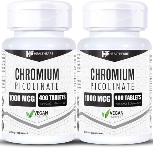 Pack of 2 Healthfare Chromium Picolinate 1000mcg Tablets - 400 Tablets Each, Gluten-Free & Non-GMO