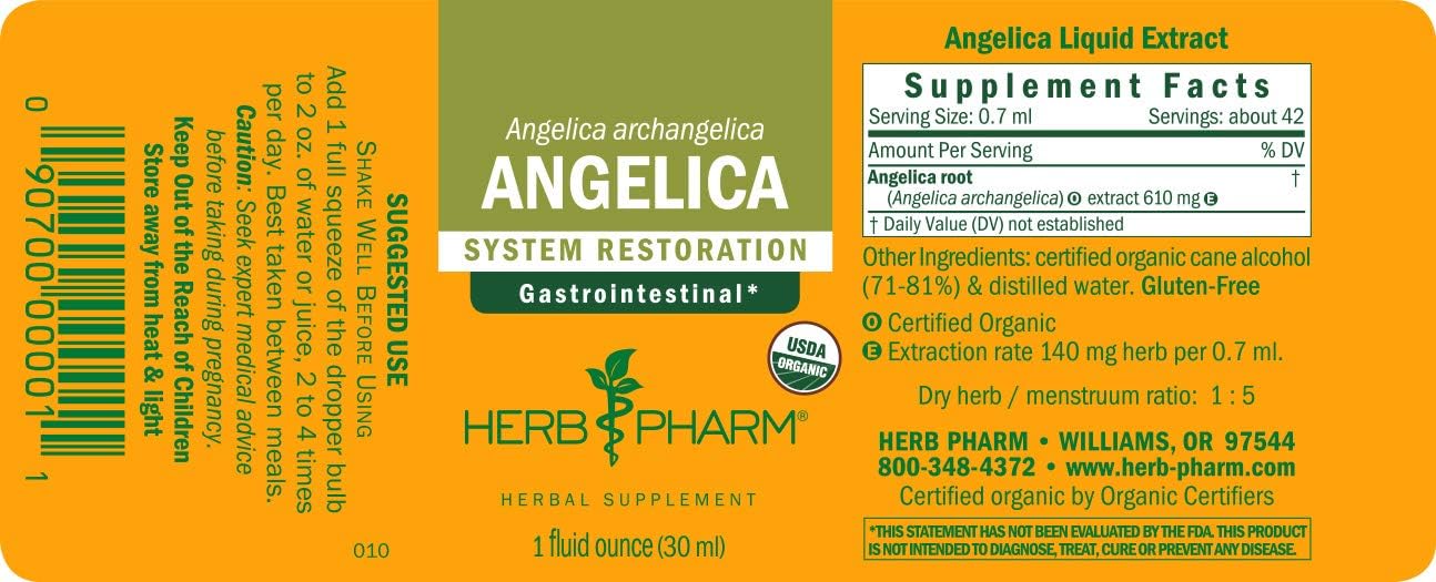 Pack of 2 Herb Pharm Certified Organic Angelica Root Liquid Extract for Digestive Support - 1 Fl Oz Each