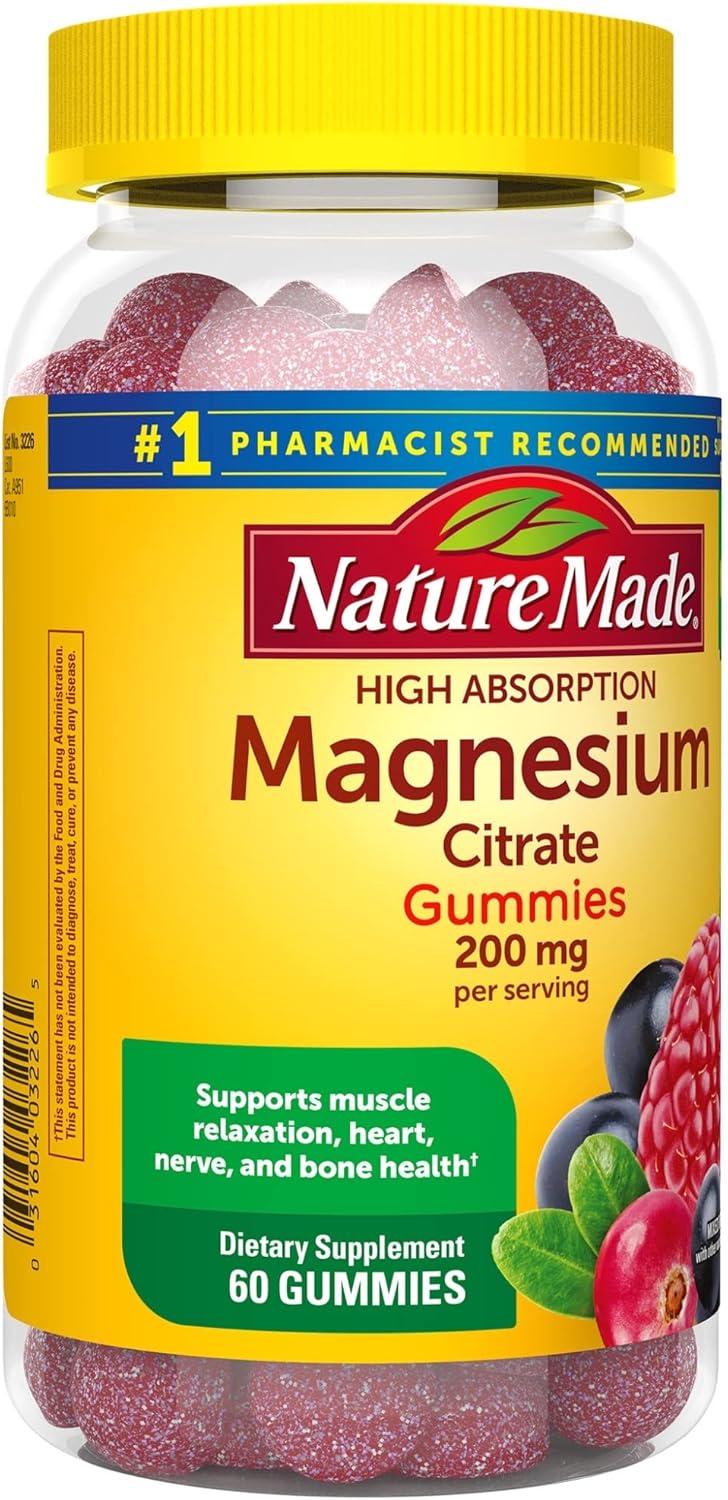 Pack of 2 Nature Made High Absorption Magnesium Citrate Gummies - 200mg per Serving - Muscle, Nerve, Bone, and Heart Support - 60 Gummies, 30 Day Supply