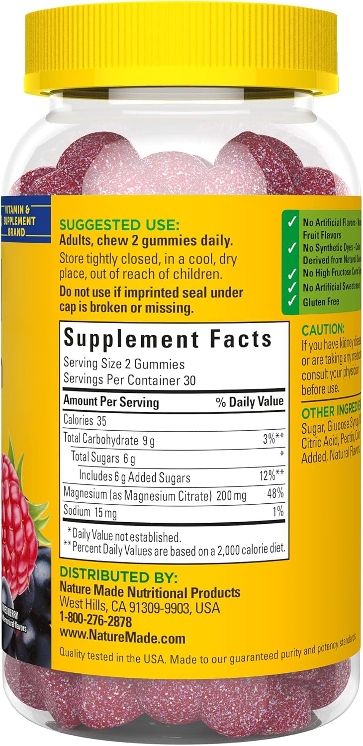 Pack of 2 Nature Made High Absorption Magnesium Citrate Gummies - 200mg per Serving - Muscle, Nerve, Bone, and Heart Support - 60 Gummies, 30 Day Supply