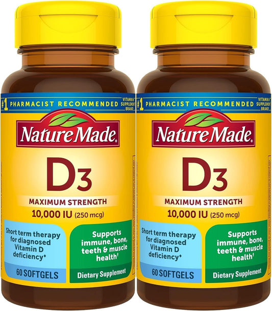 Pack of 2 Nature Made Maximum Strength Vitamin D3 10000 IU Softgels for Bone, Teeth, Muscle, and Immune Health - 60 Day Supply