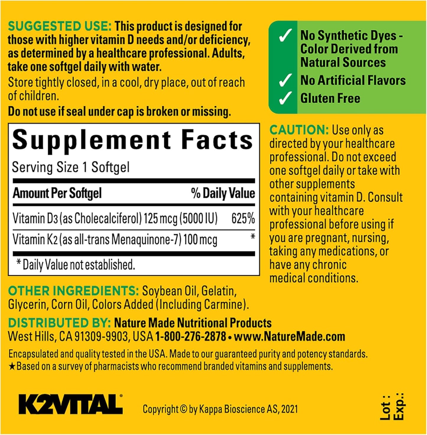 Pack of 2 Nature Made Vitamin D3 K2 Softgels, 5000 IU - Bone, Teeth, Muscle, Immune Health Support - 30 Day Supply