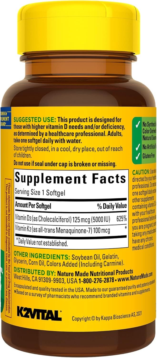 Pack of 2 Nature Made Vitamin D3 K2 Softgels, 5000 IU - Bone, Teeth, Muscle, Immune Health Support - 30 Day Supply