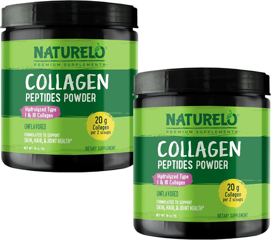 Pack of 2 NATURELO Collagen Peptide Powder - Hydrolyzed Type I & III for Skin, Hair, & Joints - Unflavored - 16oz - 90 Servings