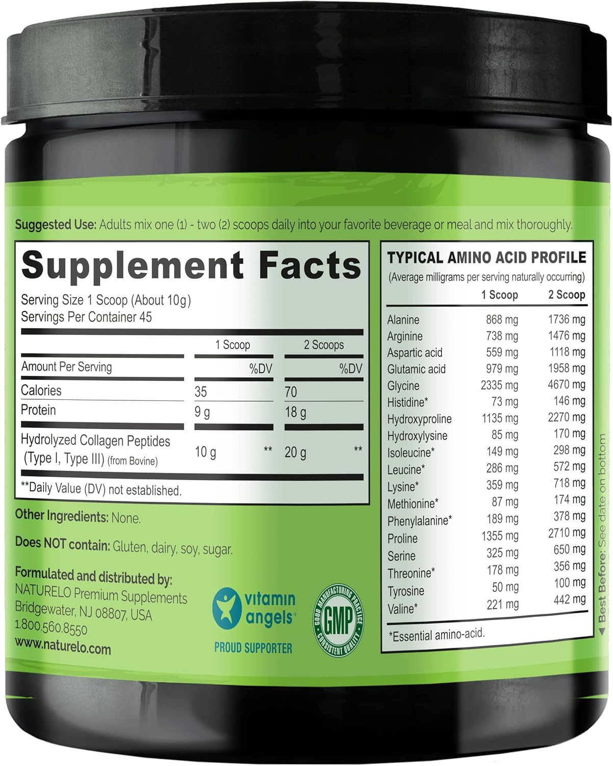 Pack of 2 NATURELO Collagen Peptide Powder - Hydrolyzed Type I & III for Skin, Hair, & Joints - Unflavored - 16oz - 90 Servings