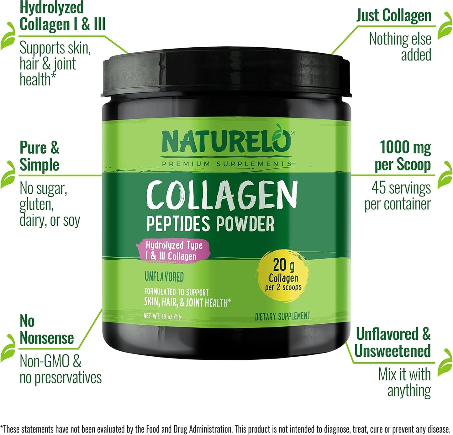 Pack of 2 NATURELO Collagen Peptide Powder - Hydrolyzed Type I & III for Skin, Hair, & Joints - Unflavored - 16oz - 90 Servings