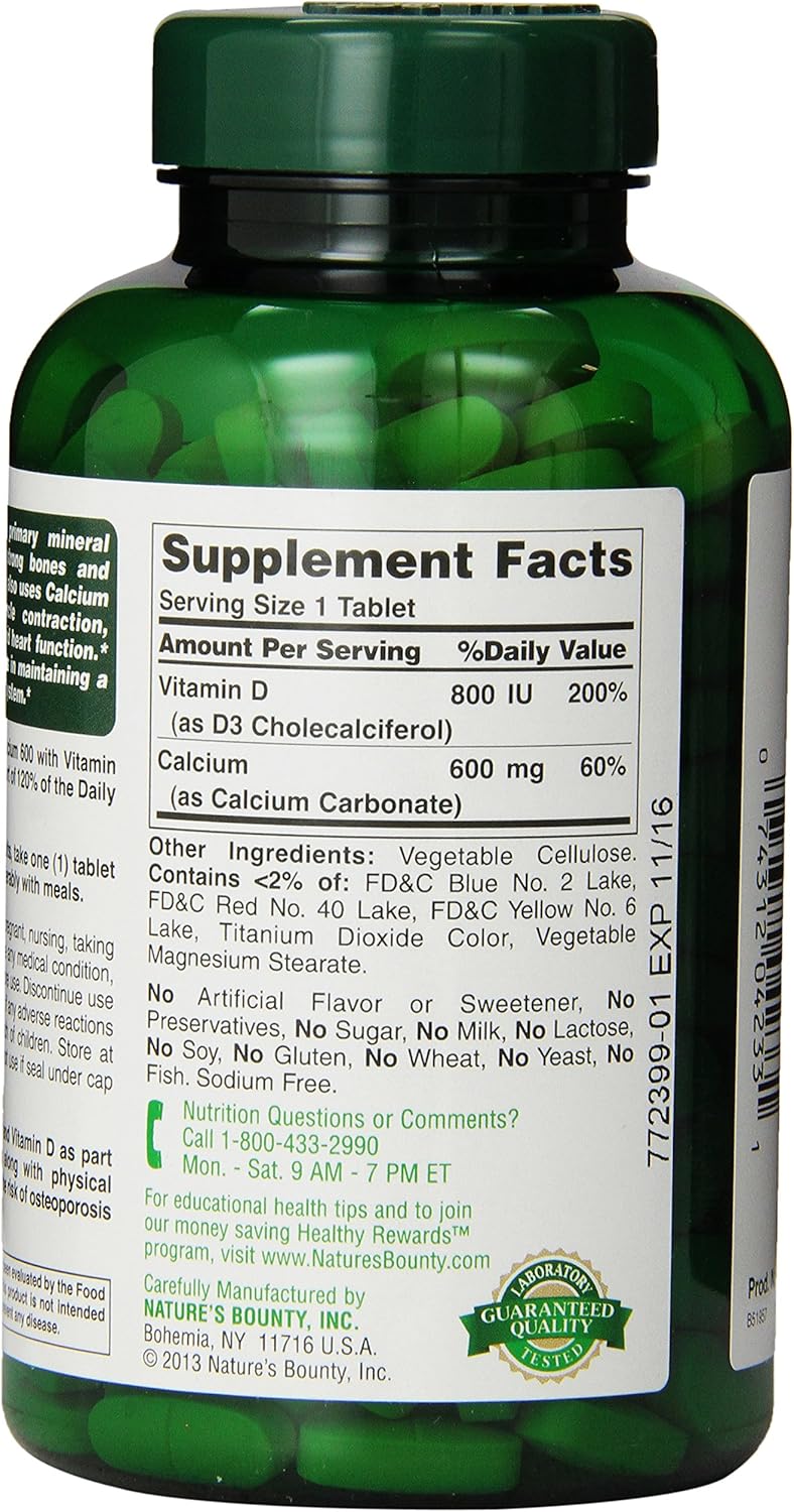 Pack of 2 Nature's Bounty High Potency Calcium 600 + D Tablets - 0250ct, 1.17 Bottles