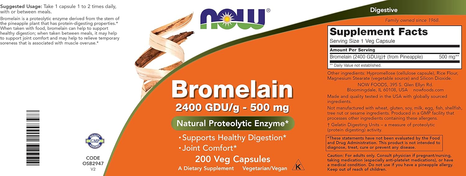 Pack of 2 NOW Foods Now Bromelain 500mg Veg Capsules - Non-GMO, Vegan Supplement
