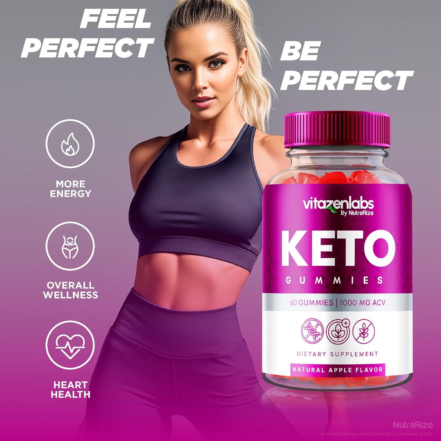 Pack of 2 NutraRize Keto Gummies with Apple Cider Vinegar - 1000 MG All Natural Gummy Pills for Maximum Strength (120 Gummies)