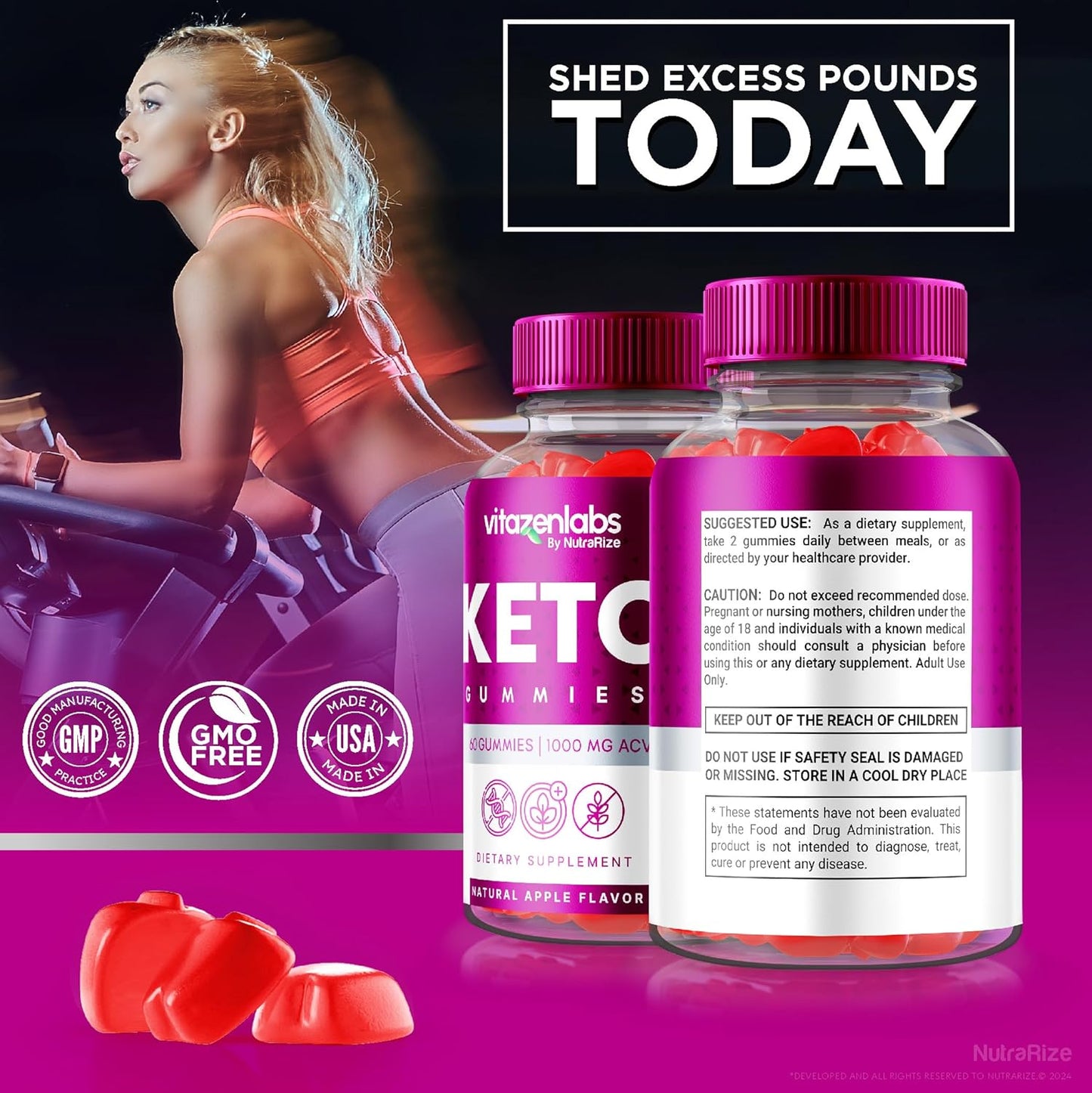 Pack of 2 NutraRize Keto Gummies with Apple Cider Vinegar - 1000 MG All Natural Gummy Pills for Maximum Strength (120 Gummies)