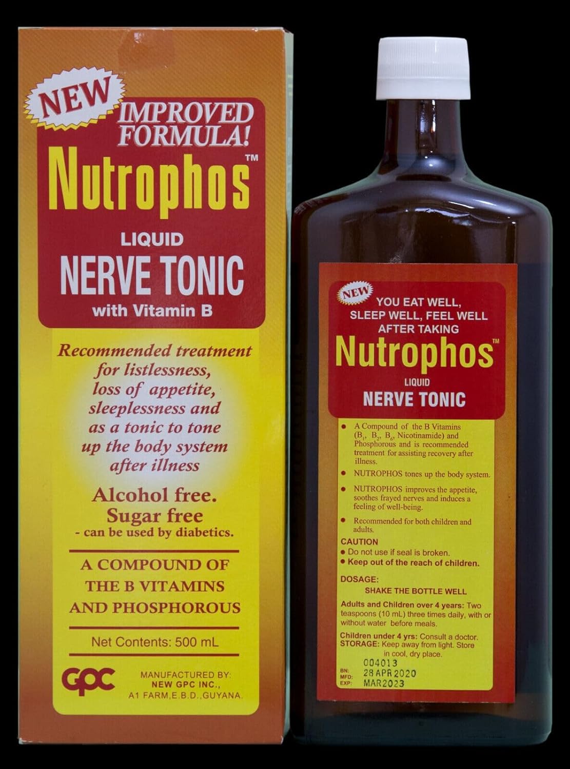 Pack of 2 NUTROPHOS Liquid Nerve Tonic with Vitamin B - 16.9oz/500ml