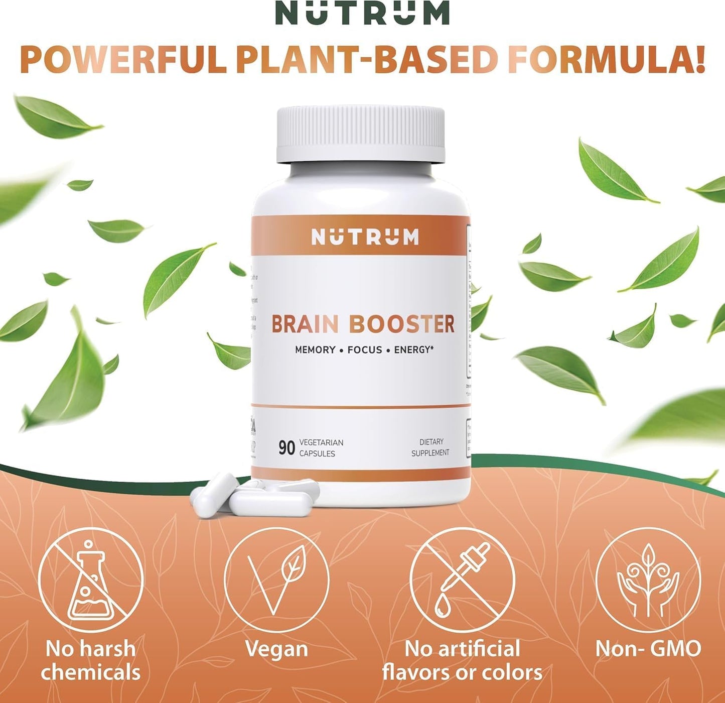 Pack of 2 Nutrum Brain Booster Nootropic Supplements for Focus, Memory, and Energy with Alpha-GPC, L-Theanine, Rhodiola, Ginseng, and Guarana
