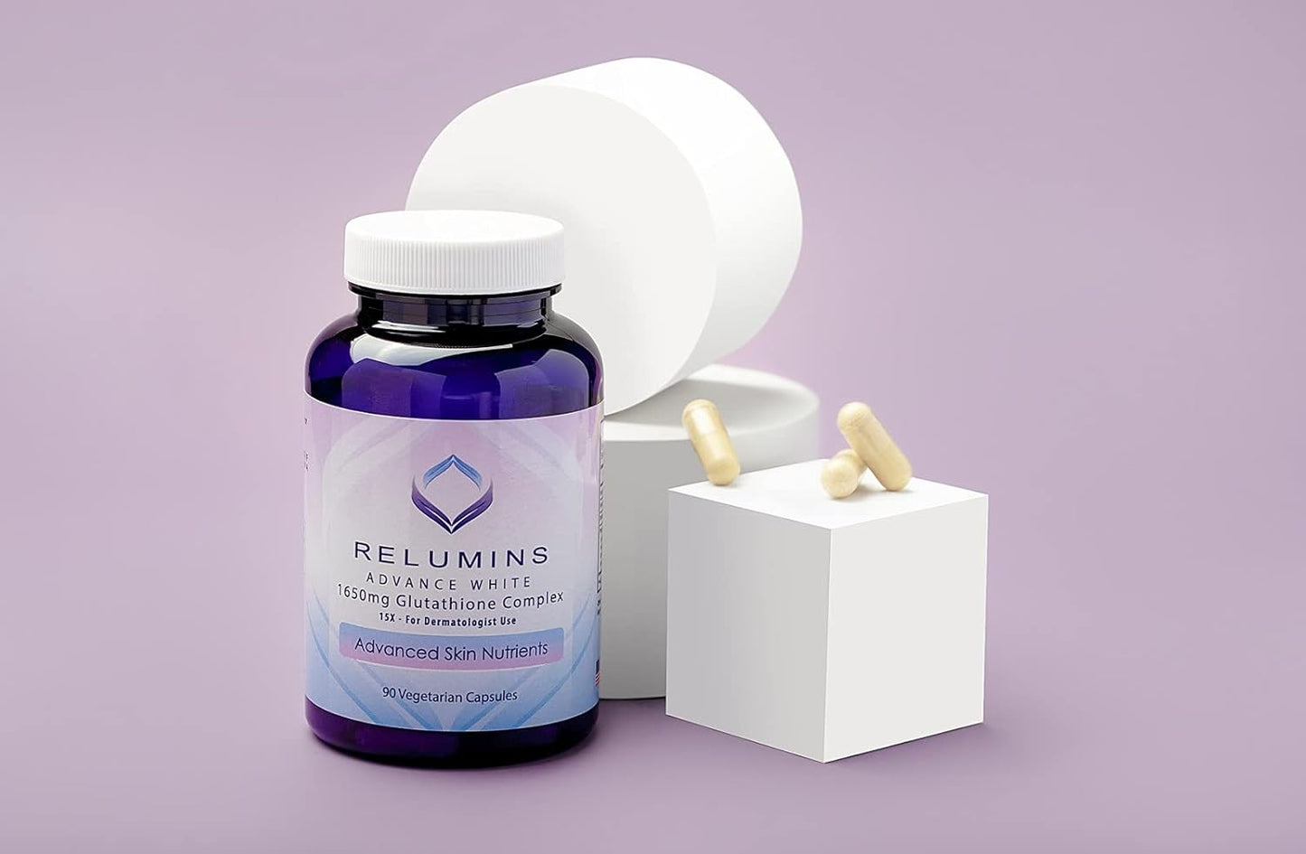 Pack of 2 Relumins Advance White 1650mg Glutathione Complex - 15x Dermatologic Formula with Skin Nutrients - 180 Capsules