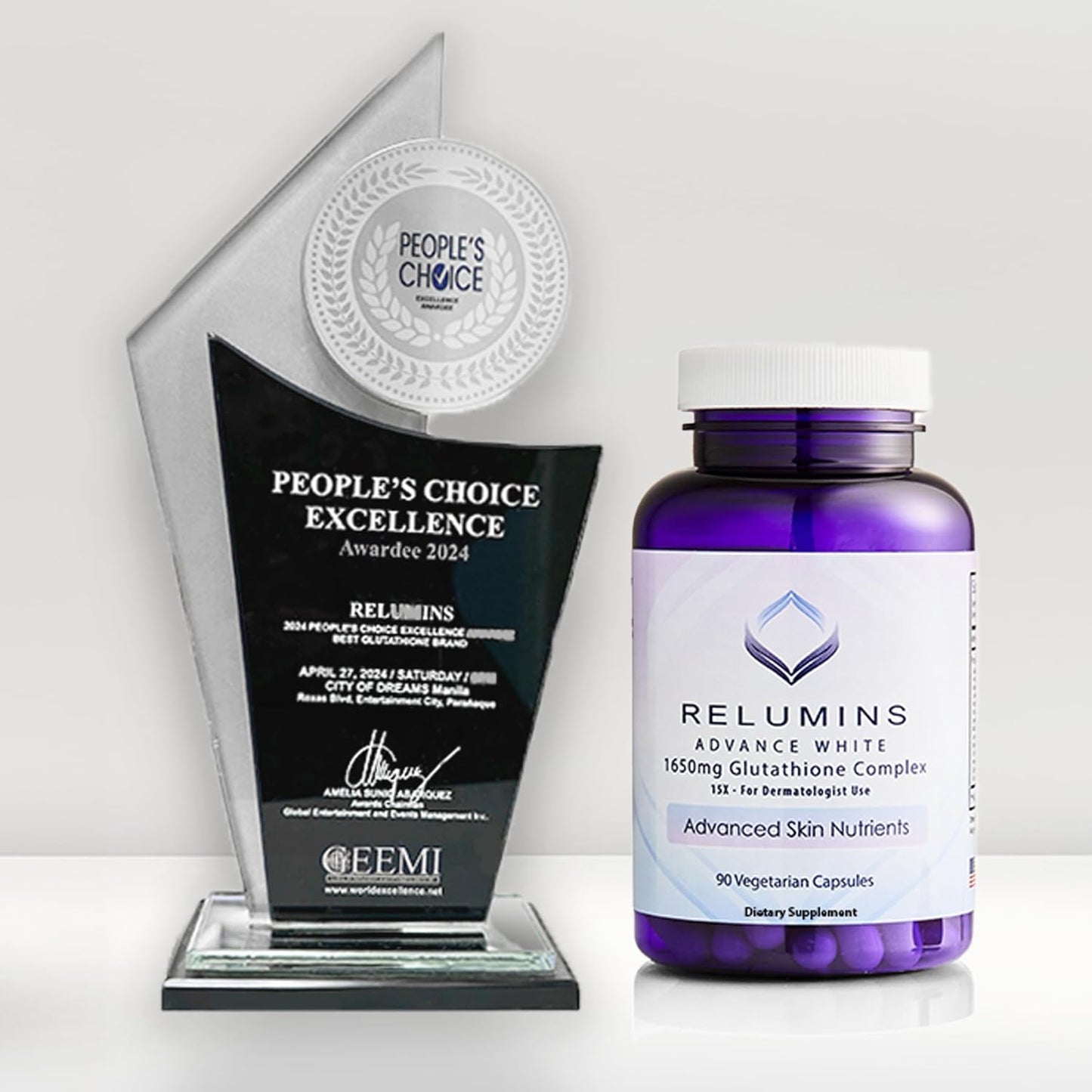 Pack of 2 Relumins Advance White 1650mg Glutathione Complex - 15x Dermatologic Formula with Skin Nutrients - 180 Capsules