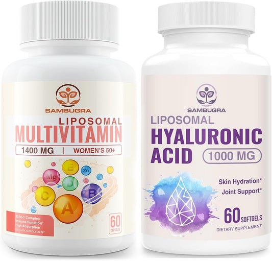 Pack of 2: Sambugra Liposomal 33-in-1 Multivitamin & Hyaluronic Acid Supplements - High Bioavailability for Comprehensive Health Support
