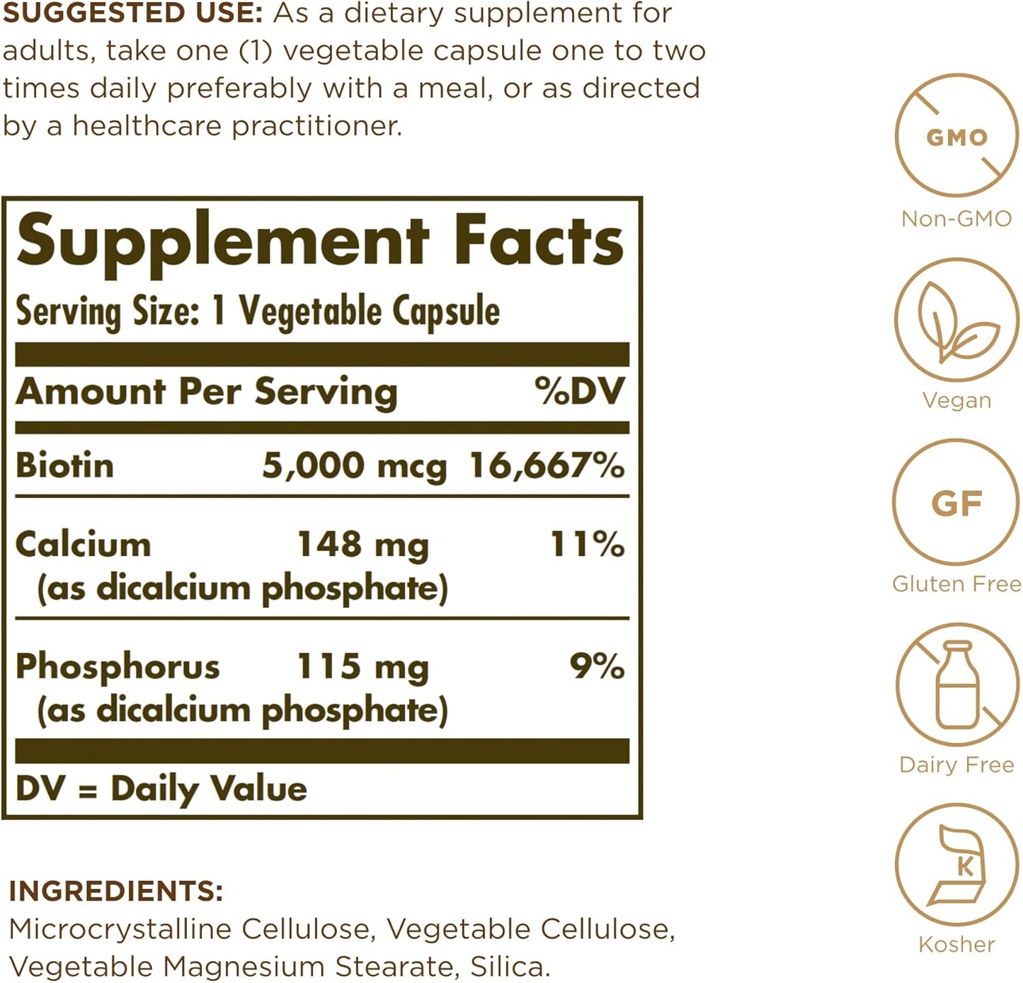 Pack of 2 Solgar Biotin 5000 mcg Vegetable Capsules for Healthy Skin, Nails & Hair - Non-GMO, Vegan, Gluten Free, Dairy Free, Kosher - 100 Servings