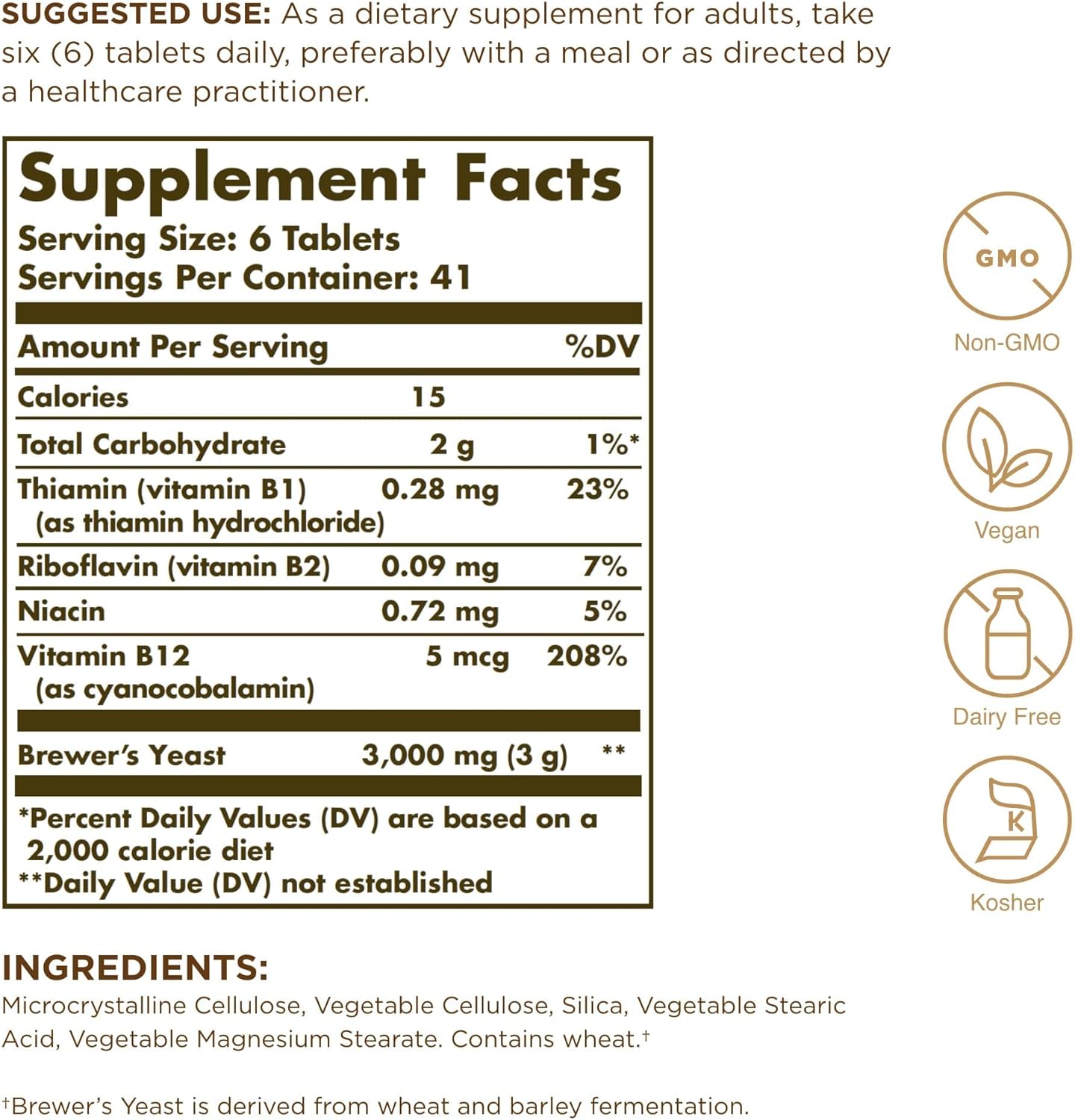 Pack of 2 Solgar Brewer's Yeast 7 ½ Grains with Vitamin B12 Tablets - Non-GMO, Vegan, Dairy Free, Kosher - 82 Servings