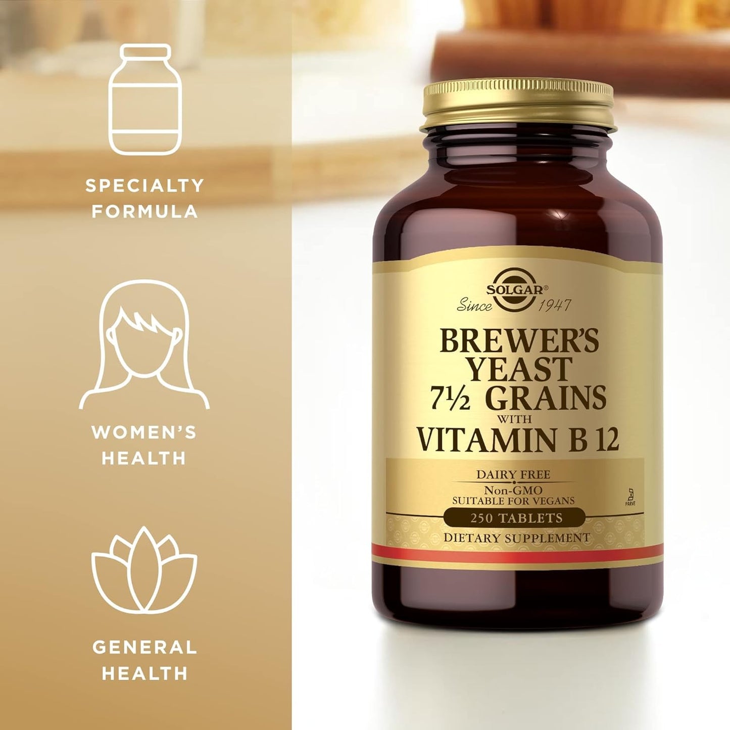 Pack of 2 Solgar Brewer's Yeast 7 ½ Grains with Vitamin B12 Tablets - Non-GMO, Vegan, Dairy Free, Kosher - 82 Servings